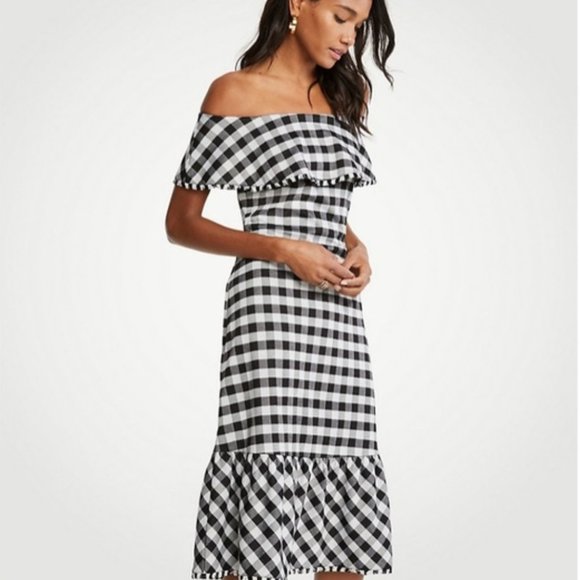 🎉 2 x HP 🎉 Petite Gingham Off The Shoulder Midi Dress - Picture 5 of 8